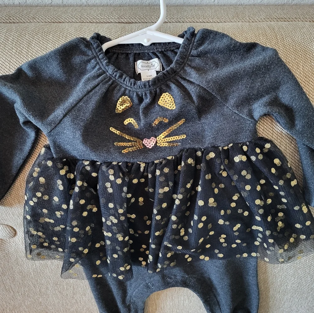 MudPie Gray and Gold Cat Face Kids One Piece 3- 6m - Picture 2 of 2